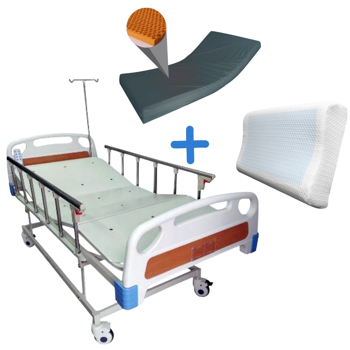 Cama Hospitalaria Eléctrica Tres Funciones + Colchón Hospitalario Antiescaras + Almohada Memory