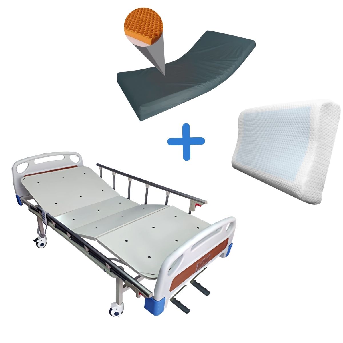 Cama Hospitalaria Mecánica ABS + Colchón Hospitalario Antiescaras + Almohada Memory