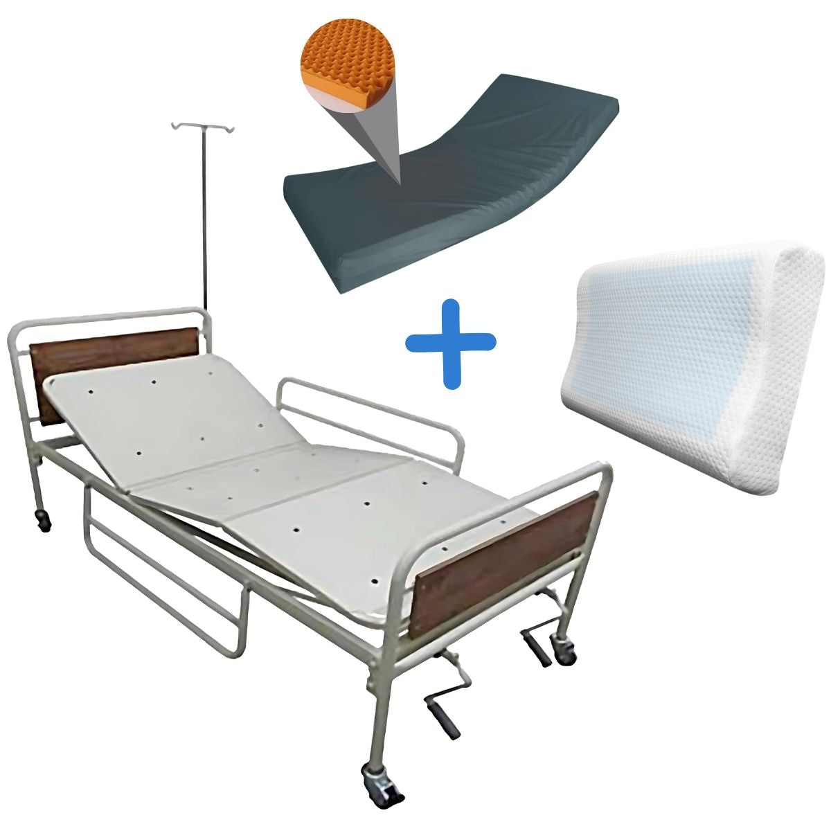 Cama Hospitalaria Mecánica Tres Planos de Lujo + Colchón Hospitalario Antiescaras + Almohada Memory