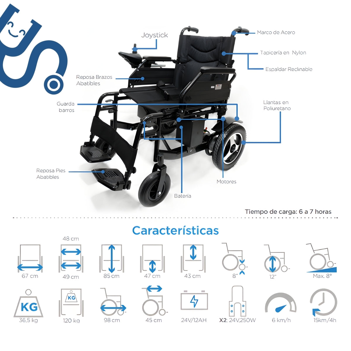 Silla de Ruedas Eléctrica Reposa Brazos y Pies Abatibles Negro