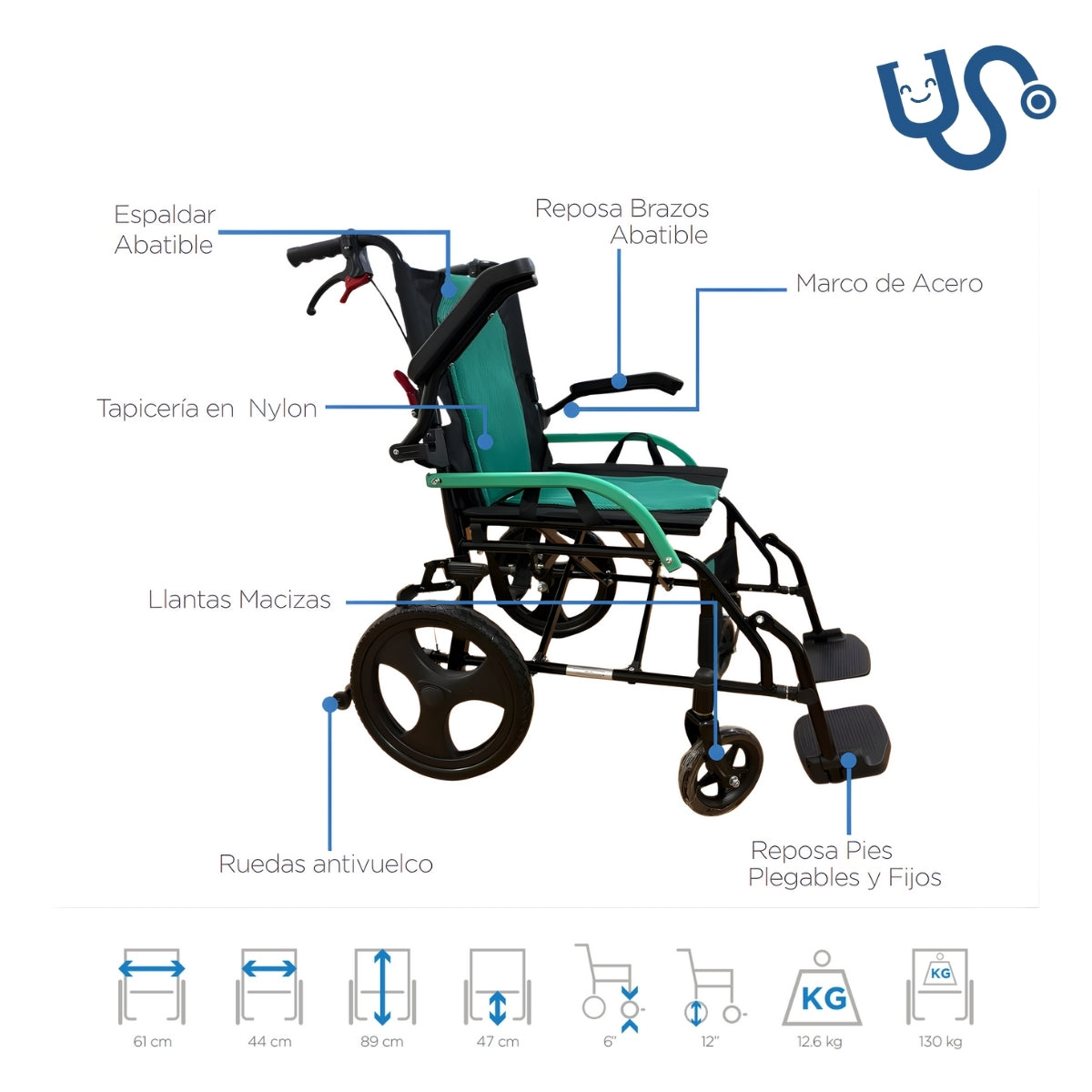Silla de Ruedas de Transporte Reposa Brazos y Pies Abatibles